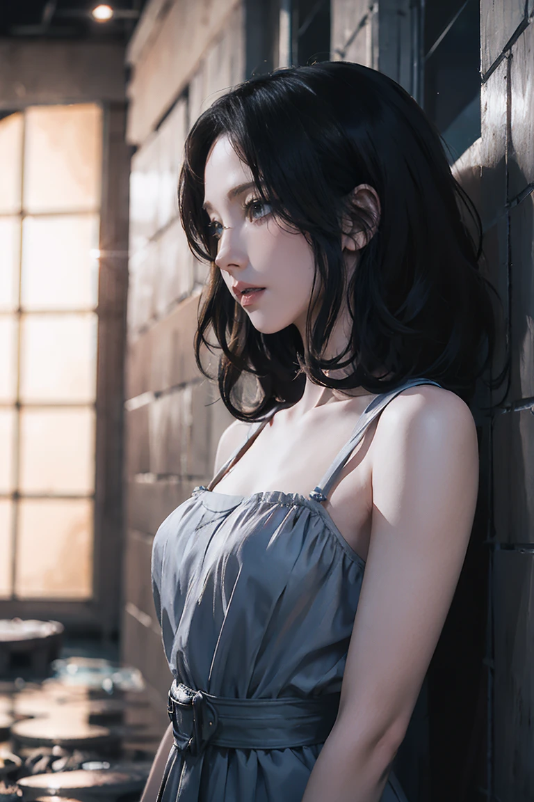Highest quality, masterpiece, Ultra-high resolution, (Realistic:1.4), RAW Photos, Aesthetics and atmosphere, Dark Shot, Film Grain, Soft Focus, Bokeh, Night Shots, masterpiece realistic volumetric light,,One girl, Purple eyes, Gray Hair, Curly Hair, Grin, (freckles:0.8), thigh, Medium chest, Upper Body, (Sparkling:1.3) Sequined Mini CNS Dress, (panties),ray tracing reflection, Desert street, path, City lights, Beautiful sky, Relying on the wall, From the side,(NSFWz9,Large Breasts, Small waist