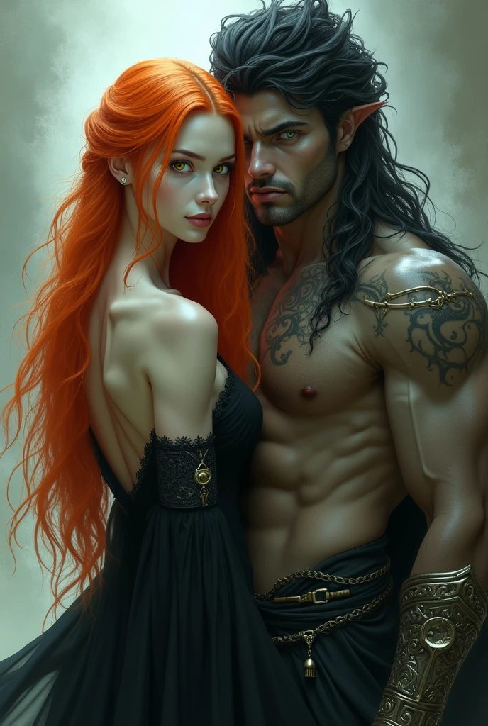 long orange hair,white skin,yellow eyes,black dress human Women.And male handsome Jinn with gray skin,black hair,green eyes,turban,muscular