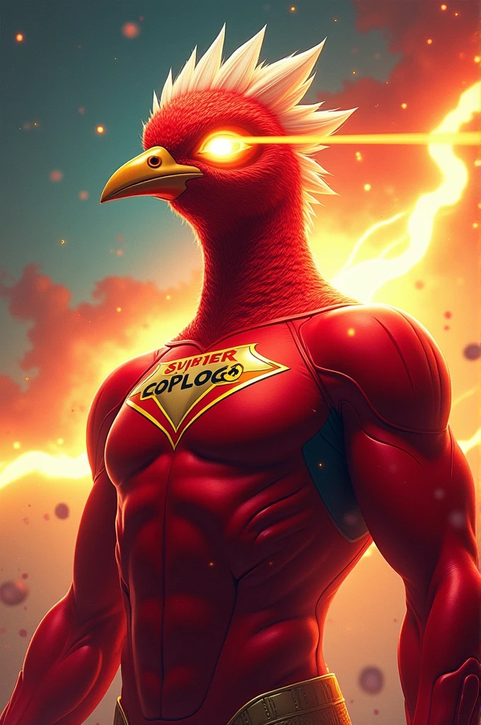 I need a quail superhero in a red suit shooting lasers from his eyes, write SUPER COPLOCO on the image