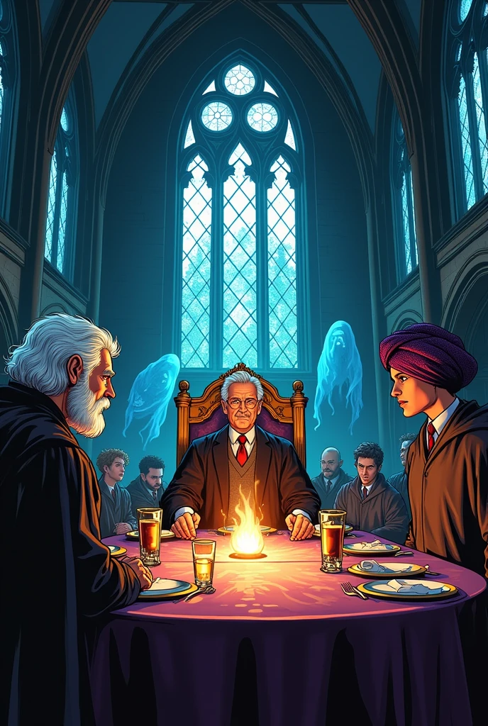 Make a graphic novel Now he could see the High Table clearly. At the nearest end sat Rubeus Hagrid., whose gaze met yours and gave you a nod of approval. Harry returned her smile. and wings, in the center of the Main Table, in a golden armchair, Albus Dumbledore was. Harry recognized him immediately from the sticker he had taken from the chocolate frog he had bought on the train.. Dumbledore's silver hair was the only thing in the entire hall that shone as brightly as the ghosts.. Harry saw Professor Quirrell too, the nervous boy from the Leaky Cauldron. He looked very extravagant in a big purple turban.