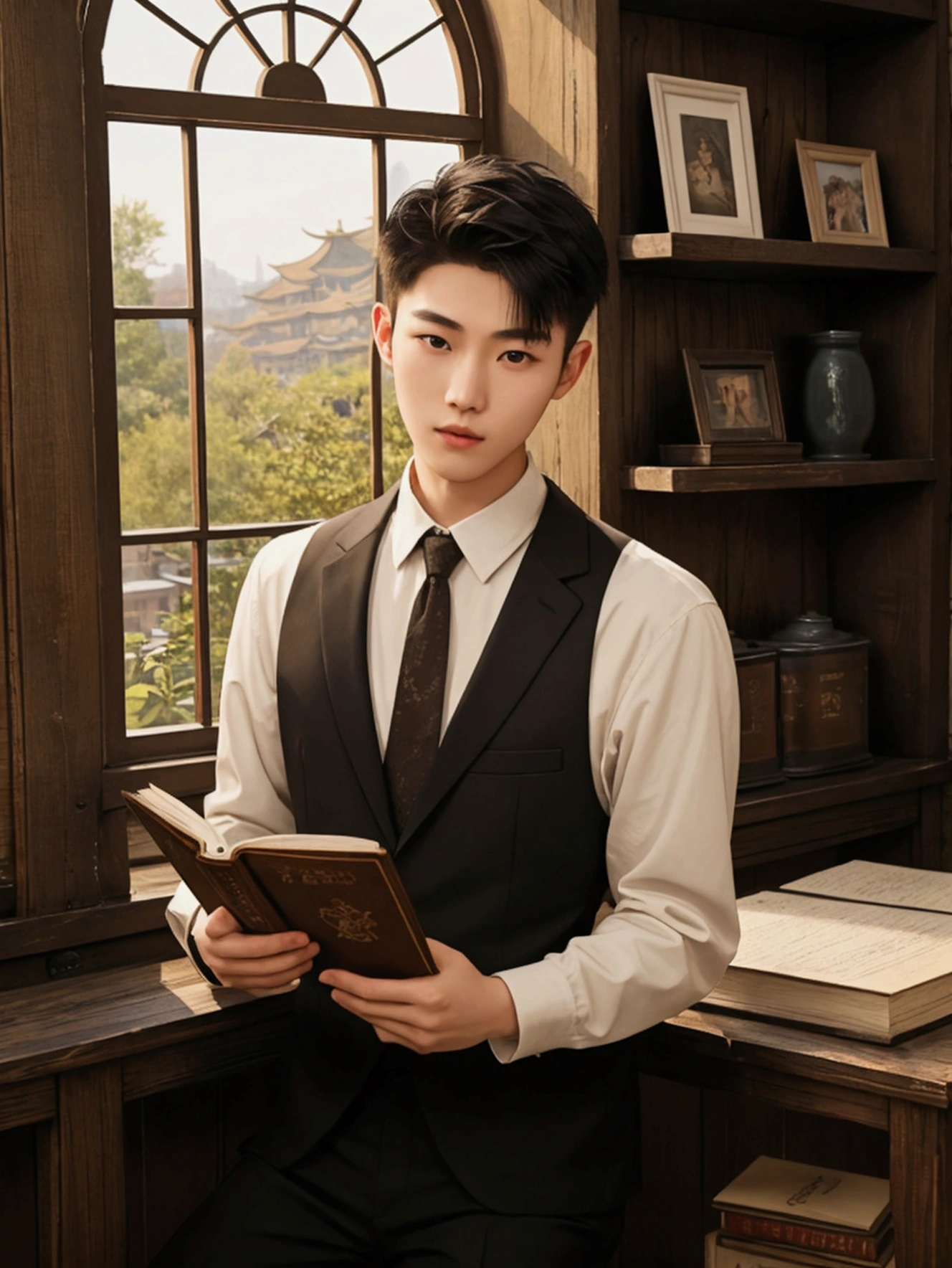 1 Handsome chinese slim guy, 20 years old, undercut short Hair, Someone studying, Someone writing, book shelf, rustic style, cozy envirnment, classic style, paintings on the wall, work of art, Carving, classic outfit, formal outfit, window overlooking the garden, good view