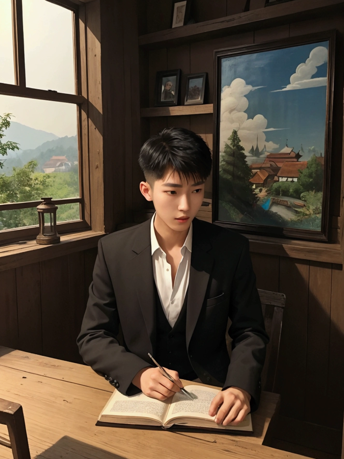 1 Handsome chinese slim guy, 20 years old, undercut short Hair, Someone studying, Someone writing, book shelf, rustic style, cozy envirnment, classic style, paintings on the wall, work of art, Carving, classic outfit, formal outfit, window overlooking the garden, good view