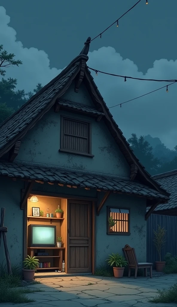 2D anime a big rough mud chinese hut house, tv , photos on wall, mini plants on shelf are showing us from out side .,poor vibes ,cloudy night, tr on roof