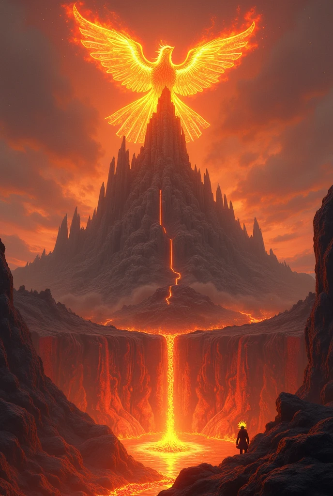“A majestic citadel in the heart of a volcanic mountain range, perched on a floating platform of magma. The walls are made of molten rock that solidifies into intricate, ever-changing patterns. A radiant Phoenix of Magma, its feathers blazing with undying flames, soars above the citadel, its song a melody of rebirth. Below, the Sun Forger, a humanoid figure of pure fire with a crown of flames, works at a forge creating weapons imbued with the power of stars. The scene is filled with intense heat and light, a visual symphony of fire, renewal, and creation.”