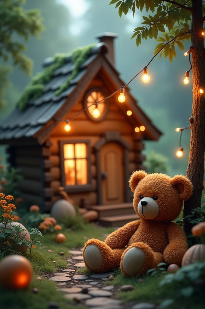 A wooden home decorated with fairy lights and trees , a teddy bear of brown colour sitting before it