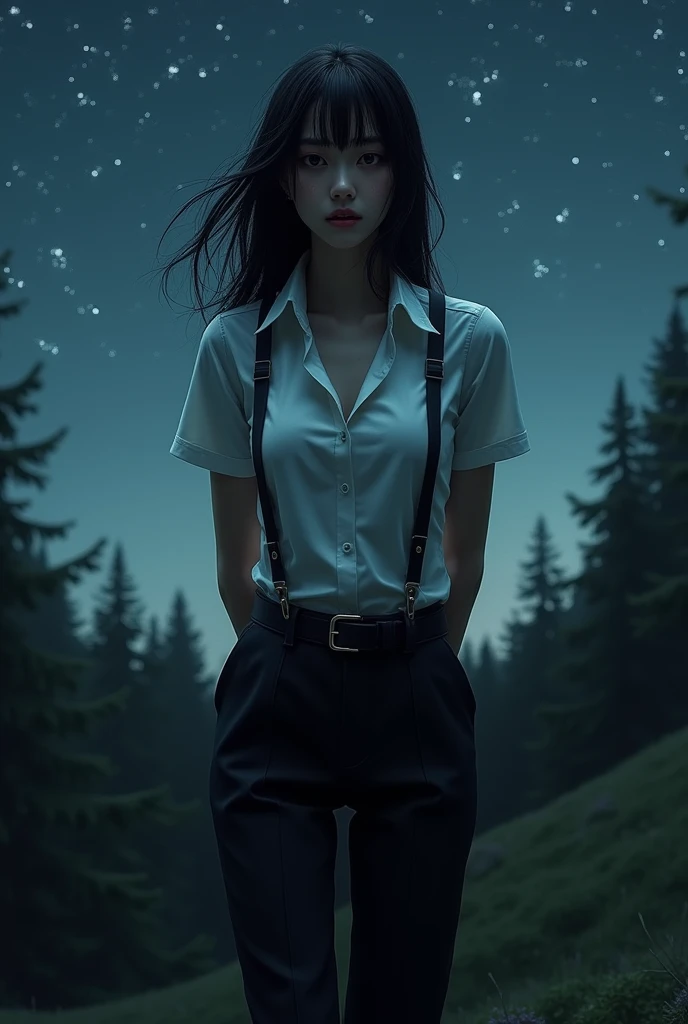 a woman in a suit, belt, hands behind back, sweating, suspenders, black pants, sexly, large breasts, see-through clothing,, detective, office worker, white button-up shirt, (best quality,4K,8k,highres,masterpiece:1.2),ultra-detailed,(realistic,photorealistic,photo-realistic:1.37),hyper-detailed,highly detailed face and body, Slender　thin　suspenders　Moderate breasts　See-through shirt　Nipples　holster　chain　Pistol　Armament　criminal　Female criminal　knife　japanese　profile　Japanese women　arrested handcuff　Cable tie on thumb　拘束
The woman has her hands tied、put your hands behind your back、(((I clasped my hands behind my back)))、(((Her wrists are wrapped in rope)))、beauty、２０Year、university student、Standing on a hill at night、There are a lot of trees、Beautiful night sky、There are many stars、A strong wind is blowing、Wearing a short-sleeved blouse、Wear a long skirt、Uniform eyes、Balanced、Moderate、Small breasts、Small face、(I can see from head to heel), Black Hair, bangs, Swept bangs, Straight hair, Nervous, Messy Hair, debtloating hair, Cinema Lighting, throw, Nikon, Surrealism, 超High resolution, Highest quality, High resolution, Anatomically correct body、, tachi-e, First Person View, debtrom behind, debt/1.2, 8k, Textured SkinMini Skirt　Knee-high　garter　handcuffs
