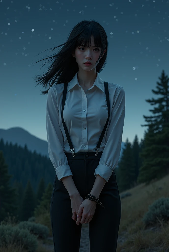 a woman in a suit, belt, hands behind back, sweating, suspenders, black pants, sexly, large breasts, see-through clothing,, detective, office worker, white button-up shirt, (best quality,4K,8k,highres,masterpiece:1.2),ultra-detailed,(realistic,photorealistic,photo-realistic:1.37),hyper-detailed,highly detailed face and body, Slender　thin　suspenders　Moderate breasts　See-through shirt　Nipples　holster　chain　Pistol　Armament　criminal　Female criminal　knife　japanese　profile　Japanese women　arrested handcuff　Cable tie on thumb　拘束
The woman has her hands tied、put your hands behind your back、(((I clasped my hands behind my back)))、(((Her wrists are wrapped in rope)))、beauty、２０Year、university student、Standing on a hill at night、There are a lot of trees、Beautiful night sky、There are many stars、A strong wind is blowing、Wearing a short-sleeved blouse、Wear a long skirt、Uniform eyes、Balanced、Moderate、Small breasts、Small face、(I can see from head to heel), Black Hair, bangs, Swept bangs, Straight hair, Nervous, Messy Hair, debtloating hair, Cinema Lighting, throw, Nikon, Surrealism, 超High resolution, Highest quality, High resolution, Anatomically correct body、, tachi-e, First Person View, debtrom behind, debt/1.2, 8k, Textured SkinMini Skirt　Knee-high　garter　handcuffs
