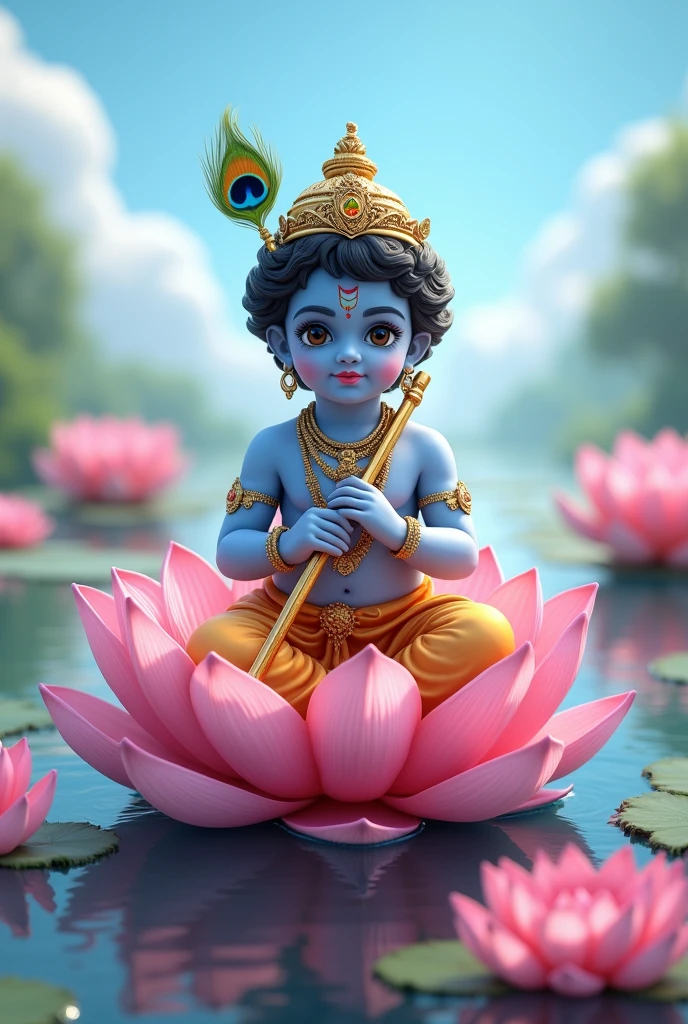 Realistic image of Lord Krishna as a sitting on a pink lotus in a pond, various other pink lotuses seen in the pond, his skin color is blue hue, bright blue sky, wearing a golden crown with a peacock feather in it, and holding a flute in his hand
, bright and beautiful image, normal human face and normal human eyes, no animated eyes to be seen, people lifting him high using their hands while some are praying with their hands folded, create high quality realistic image, beautiful Landscape, eyes facing straight at the camera, image should ultra clear, hyper realistic, high quality 4k
