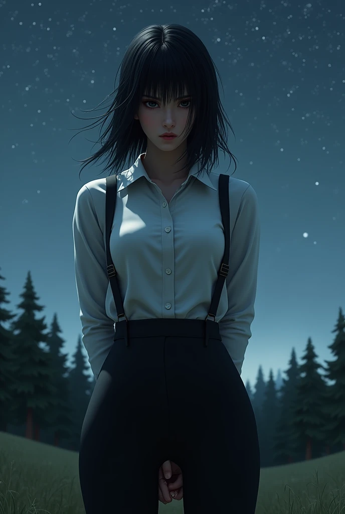 a woman in a suit, belt, hands behind back, sweating, suspenders, black pants, ly, large breee-through clothing,, detective, office worker, white button-up t, (best quality,4K,8k,highres,masterpiece:1.2),ultra-detailed,(realistic,photorealistic,photo-realistic:1.37),hyper-detailed,highly detailed face and body, Slender　thin　suspenders　Moderate breasts　See-thhirt　Nipples　holster　chain　Armament　criminal　Female criminal　knife　japanese　profile　Japanese women　arrested handcuff　Cable tie on thumb　拘束
The woman has her hands tied、put your hands behind your back、(((I clasped my hands behind my back)))、(((Her wrists are wrapped in rope)))、beauty、２０Year、university student、Standing on a hill at night、There are a lot of trees、Beautiful night sky、There are many stars、A strong wind is blowing、Wearing a short-sleeved blouse、Wear a long skirt、Uniform eyes、Balanced、Moderate、Small breasts、Small face、(I can sehead to heel), Black Hair, bangs, Swept bangs, Straight hair, Nervous, Messy Hair, debtloating hair, Cinema Lighting, throw, Nikon, Surrealism, 超High resolution, Highest quality, High resolution, Anatomically correct body、, tachi-e, First Person View, debtrom behind, debt/1.2, 8k, Textured SkinMini Skirt　Knee-high　garter　handcuffs
