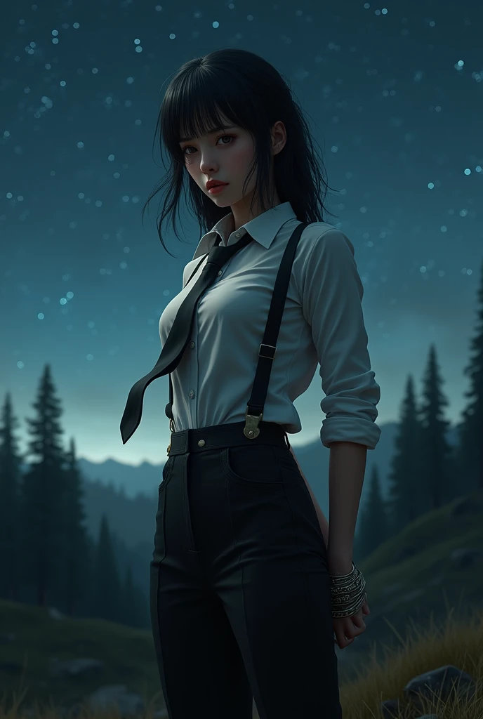 a woman in a suit, belt, hands behind back, sweating, suspenders, black pants, sexly, large breasts, see-through clothing,, detective, office worker, white button-up shirt, (best quality,4K,8k,highres,masterpiece:1.2),ultra-detailed,(realistic,photorealistic,photo-realistic:1.37),hyper-detailed,highly detailed face and body, Slender thin suspenders Moderate breasts See-through shirt Nipples holster chain Pistol Armament criminal Female criminal knife japanese profile Japanese women arrested handcuff Cable tie on thumb 拘束
The woman has her hands tied、put your hands behind your back、(((I clasped my hands behind my back)))、(((Her wrists are wrapped in rope)))、beauty、20Year、university student、Standing on a hill at night、There are a lot of trees、Beautiful night sky、There are many stars、A strong wind is blowing、Wearing a short-sleeved blouse、Wear a long skirt、Uniform eyes、Balanced、Moderate、Small breasts、Small face、(I can see from head to heel), Black Hair, bangs, Swept bangs, Straight hair, Nervous, Messy Hair, debtloating hair, Cinema Lighting, throw, Nikon, Surrealism, 超High resolution, Highest quality, High resolution, Anatomically correct body、, tachi-e, First Person View, debtrom behind, debt/1.2, 8k, Textured SkinMini Skirt Knee-high garter handcuffs