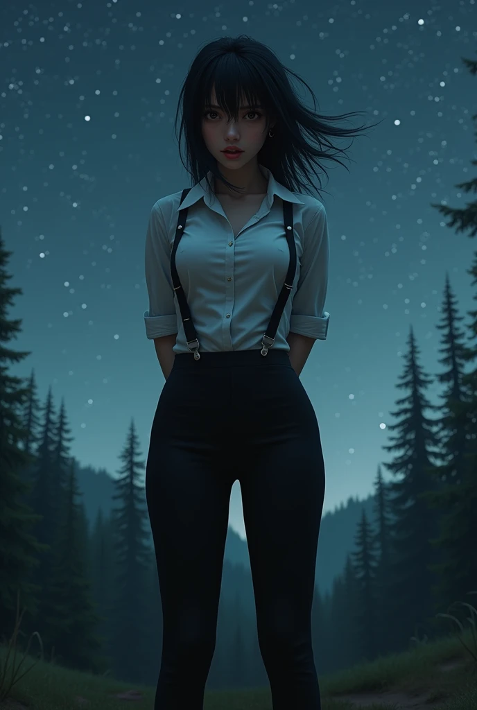 a woman in a suit, belt, hands behind back, sweating, suspenders, black pants, sexly, large breasts, see-through clothing,, detective, office worker, white button-up shirt, (best quality,4K,8k,highres,masterpiece:1.2),ultra-detailed,(realistic,photorealistic,photo-realistic:1.37),hyper-detailed,highly detailed face and body, Slender　thin　suspenders　Moderate breasts　See-through shirt　Nipples　holster　chain　Pistol　Armament　criminal　Female criminal　knife　japanese　profile　Japanese women　arrested handcuff　Cable tie on thumb　拘束
The woman has her hands tied、put your hands behind your back、(((I clasped my hands behind my back)))、(((Her wrists are wrapped in rope)))、beauty、２０Year、university student、Standing on a hill at night、There are a lot of trees、Beautiful night sky、There are many stars、A strong wind is blowing、Wearing a short-sleeved blouse、Wear a long skirt、Uniform eyes、Balanced、Moderate、Small breasts、Small face、(I can see from head to heel), Black Hair, bangs, Swept bangs, Straight hair, Nervous, Messy Hair, debtloating hair, Cinema Lighting, throw, Nikon, Surrealism, 超High resolution, Highest quality, High resolution, Anatomically correct body、, tachi-e, First Person View, debtrom behind, debt/1.2, 8k, Textured SkinMini Skirt　Knee-high　garter　handcuffs
