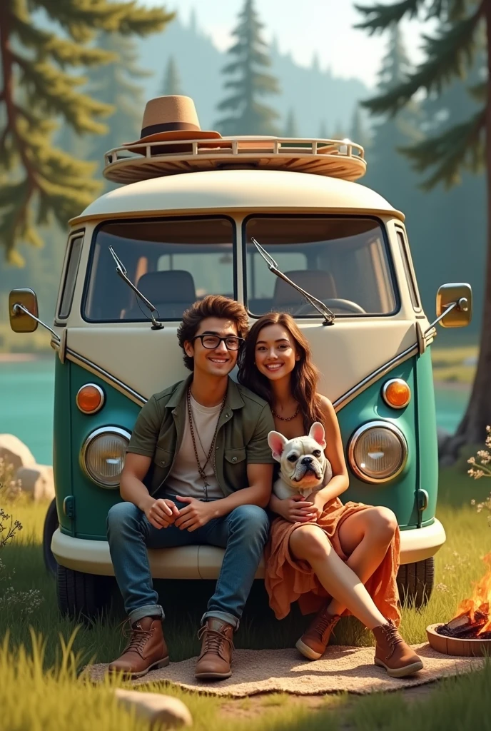 Create me a photo of a campervan with a handsome man and woman and a French bulldog.