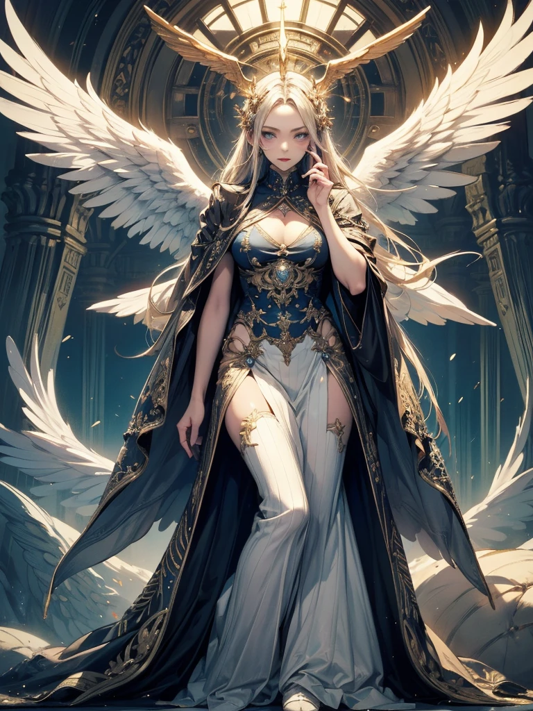 (Designed by nty:1.4),Full length portrait of 1 , design de personagem de yoshitaka amano,only,angelic, symmetric beauty, the angel&#39;s wings, gorgeous long dress, He gets up, (((only))), Colorful placement，clear facial features, Clean line design, Magic Elements, future-tech, ((tarot card background)), Standing figure of the figure, ((flat-colors)), (Masterpiece artwork，Maximum quality，best qualityer，ultra-high resolution), ((exquisite facial features，clear facial features，beautiful eyes，gorgeous face))