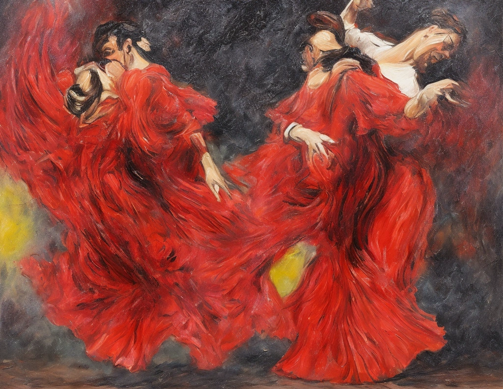 painting of a couple dancing a flamenco dance in a city, dancing with each other, salsa dancing, couple dancing, sensual dancing, dance, dancers, digital art oil painting, dancing, dancing gracefully, oil painting on canvas, oil painting style, style digital painting, salsa social dance, oil digital painting, dance scene, oil on canvas, elegant digital painting