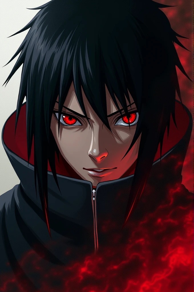 An impressive itachi portrait with defined background of colour black,red and white colour.With a deadly look.