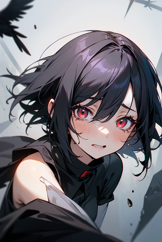A woman with short black hair and red eyes crying and rubbing her eyes. A flock of crows crying and opening their mouths.