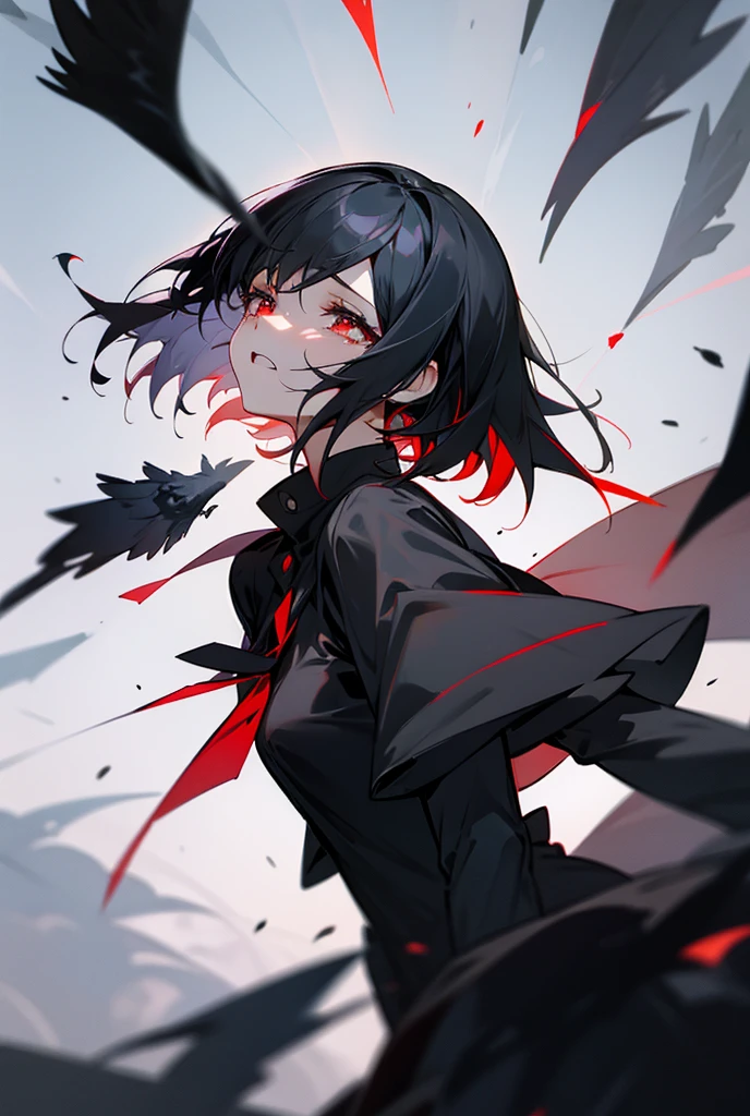 A woman with short black hair and red eyes crying and rubbing her eyes. A flock of crows crying and opening their mouths.