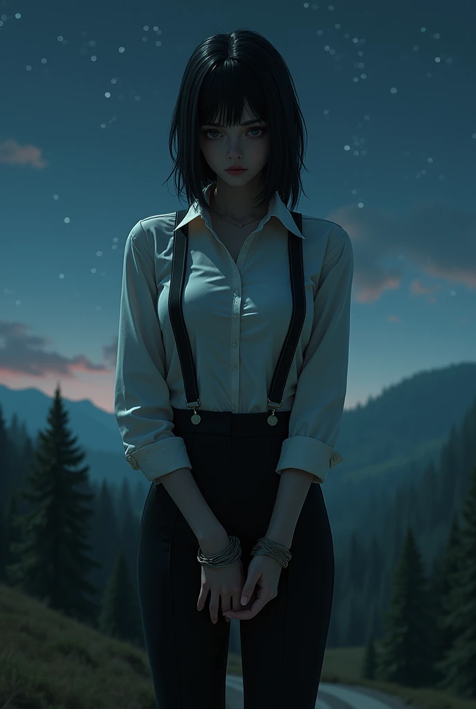 a woman in a suit, belt, hands behind back, sweating, suspenders, black pants, sexly, large breasts, see-through clothing,, detective, office worker, white button-up shirt, (best quality,4K,8k,highres,masterpiece:1.2),ultra-detailed,(realistic,photorealistic,photo-realistic:1.37),hyper-detailed,highly detailed face and body, Slender thin suspenders Moderate breasts See-through shirt Nipples holster chain Pistol Armament criminal Female criminal knife japanese profile Japanese women arrested handcuff Cable tie on thumb 拘束
The woman has her hands tied、put your hands behind your back、(((I clasped my hands behind my back)))、(((Her wrists are wrapped in rope)))、beauty、20Year、university student、Standing on a hill at night、There are a lot of trees、Beautiful night sky、There are many stars、A strong wind is blowing、Wearing a short-sleeved blouse、Wear a long skirt、Uniform eyes、Balanced、Moderate、Small breasts、Small face、(I can see from head to heel), Black Hair, bangs, Swept bangs, Straight hair, Nervous, Messy Hair, debtloating hair, Cinema Lighting, throw, Nikon, Surrealism, 超High resolution, Highest quality, High resolution, Anatomically correct body、, tachi-e, First Person View, debtrom behind, debt/1.2, 8k, Textured SkinMini Skirt Knee-high garter handcuffs