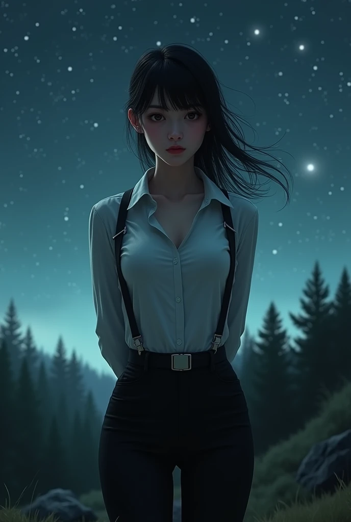 a woman in a suit, belt, hands behind back, sweating, suspenders, black pants, sexly, large breasts, see-through clothing,, detective, office worker, white button-up shirt, (best quality,4K,8k,highres,masterpiece:1.2),ultra-detailed,(realistic,photorealistic,photo-realistic:1.37),hyper-detailed,highly detailed face and body, Slender thin suspenders Moderate breasts See-through shirt Nipples holster chain Pistol Armament criminal Female criminal knife japanese profile Japanese women arrested handcuff Cable tie on thumb 拘束
The woman has her hands tied、put your hands behind your back、(((I clasped my hands behind my back)))、(((Her wrists are wrapped in rope)))、beauty、20Year、university student、Standing on a hill at night、There are a lot of trees、Beautiful night sky、There are many stars、A strong wind is blowing、Wearing a short-sleeved blouse、Wear a long skirt、Uniform eyes、Balanced、Moderate、Small breasts、Small face、(I can see from head to heel), Black Hair, bangs, Swept bangs, Straight hair, Nervous, Messy Hair, debtloating hair, Cinema Lighting, throw, Nikon, Surrealism, 超High resolution, Highest quality, High resolution, Anatomically correct body、, tachi-e, First Person View, debtrom behind, debt/1.2, 8k, Textured SkinMini Skirt Knee-high garter handcuffs