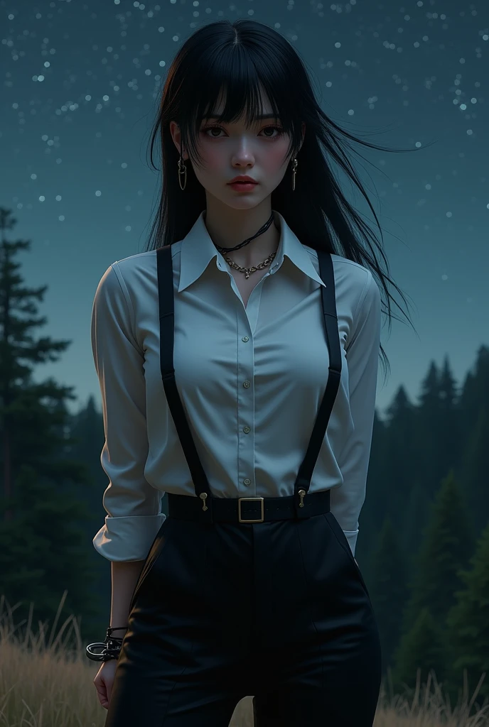 a woman in a suit, belt, hands behind back, sweating, suspenders, black pants, sexly, large breasts, see-through clothing,, detective, office worker, white button-up shirt, (best quality,4K,8k,highres,masterpiece:1.2),ultra-detailed,(realistic,photorealistic,photo-realistic:1.37),hyper-detailed,highly detailed face and body, Slender thin suspenders Moderate breasts See-through shirt Nipples holster chain Pistol Armament criminal Female criminal knife japanese profile Japanese women arrested handcuff Cable tie on thumb 拘束
The woman has her hands tied、put your hands behind your back、(((I clasped my hands behind my back)))、(((Her wrists are wrapped in rope)))、beauty、20Year、university student、Standing on a hill at night、There are a lot of trees、Beautiful night sky、There are many stars、A strong wind is blowing、Wearing a short-sleeved blouse、Wear a long skirt、Uniform eyes、Balanced、Moderate、Small breasts、Small face、(I can see from head to heel), Black Hair, bangs, Swept bangs, Straight hair, Nervous, Messy Hair, debtloating hair, Cinema Lighting, throw, Nikon, Surrealism, 超High resolution, Highest quality, High resolution, Anatomically correct body、, tachi-e, First Person View, debtrom behind, debt/1.2, 8k, Textured SkinMini Skirt Knee-high garter handcuffs