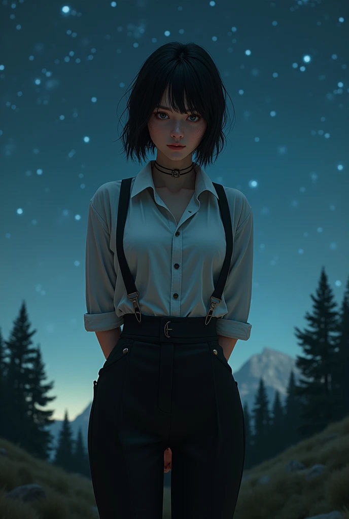 a woman in a suit, belt, hands behind back, sweating, suspenders, black pants, sexly, large breasts, see-through clothing,, detective, office worker, white button-up shirt, (best quality,4K,8k,highres,masterpiece:1.2),ultra-detailed,(realistic,photorealistic,photo-realistic:1.37),hyper-detailed,highly detailed face and body, Slender　thin　suspenders　Moderate breasts　See-through shirt　Nipples　holster　chain　Pistol　Armament　criminal　Female criminal　knife　japanese　profile　Japanese women　arrested handcuff　Cable tie on thumb　拘束
The woman has her hands tied、put your hands behind your back、(((I clasped my hands behind my back)))、(((Her wrists are wrapped in rope)))、beauty、２０Year、university student、Standing on a hill at night、There are a lot of trees、Beautiful night sky、There are many stars、A strong wind is blowing、Wearing a short-sleeved blouse、Wear a long skirt、Uniform eyes、Balanced、Moderate、Small breasts、Small face、(I can see from head to heel), Black Hair, bangs, Swept bangs, Straight hair, Nervous, Messy Hair, debtloating hair, Cinema Lighting, throw, Nikon, Surrealism, 超High resolution, Highest quality, High resolution, Anatomically correct body、, tachi-e, First Person View, debtrom behind, debt/1.2, 8k, Textured SkinMini Skirt　Knee-high　garter　handcuffs
