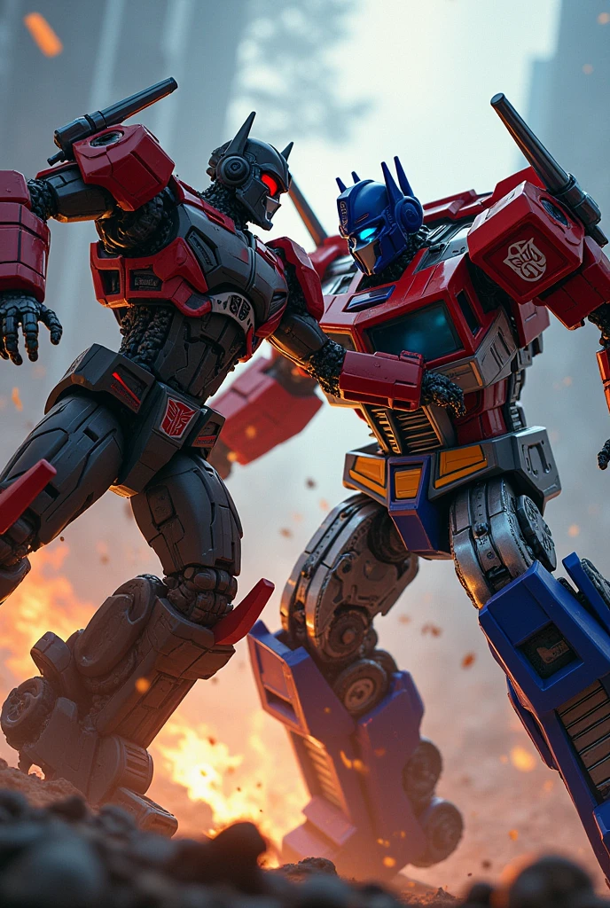 a highly detailed illustration of Chainsaw Man fighting against Optimus Prime, extremely realistic and cinematic lighting, intricate mechanical design, intense action scene, dynamic poses, dramatic shadows and highlights, vibrant colors, 8k, photorealistic, masterpiece