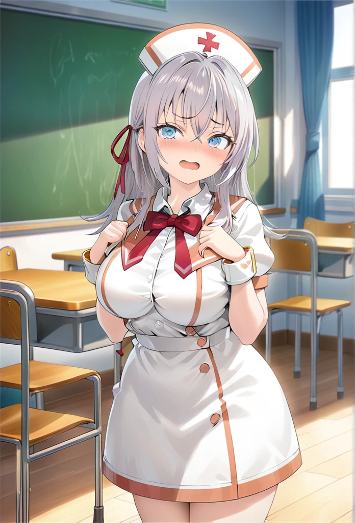 alisa mikhailovna kujou,tokidoki bosotto roshia-go de dereru tonari no arya-san, classroom, ((cosplay, nurse outfit)), shy expression, gravure idol pose, large breasts, slim waist, fair skin, amazed expression, long fine hair, charming smile, cute, anime girl, game CG illustration, (overfit style:2.0)