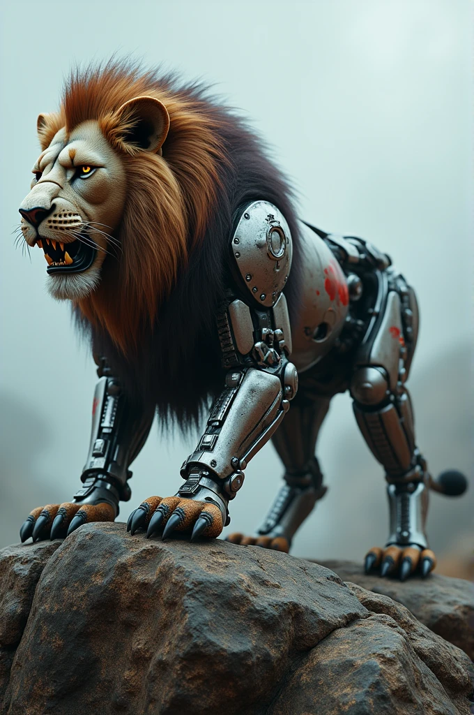 A bloody cyborg costume lion standing on a rock