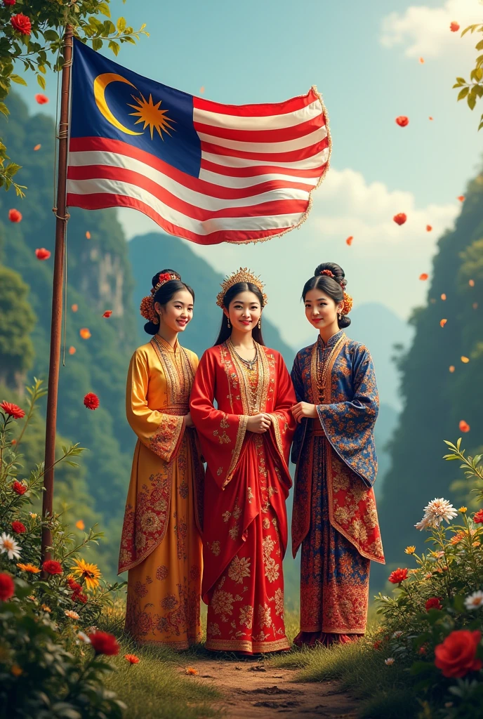Malaysia's intelligence day with a flag and traditional costumes for chinese, malays and indians
