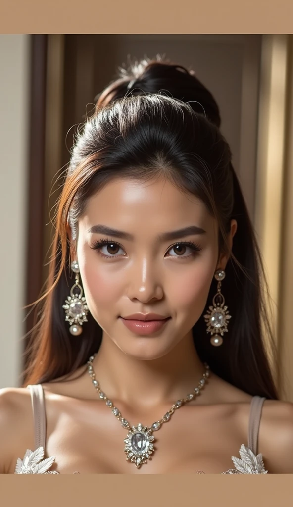 (Higher clarity, High quality,Masterpiece, Ultra HD, 8k, UHD, Higher clarity, High qualityสุด, very detailed, The face has natural and realistic details., Natural pores, Facial expressions, Ultra-realistic photos) Portrait of a beautiful woman, Asian white skin, Beautiful 40-year-old woman with black hair and golden highlights., Supermodel body, Beautiful face, Big and beautiful shape , Big and beautiful shape ass, perfect body, Dressed up in a gorgeous dress, Deep and wide open collar, The clothes are very provocative and sexy., His eyes are seductive., Flirtatious smile, Pose, In the lobby of a luxurious hotel, full body image, ((white skin)), A plump figure with beautiful curves, smile a little,  Confident face, Beautiful curly hair, Eyes sparkling with intrigue