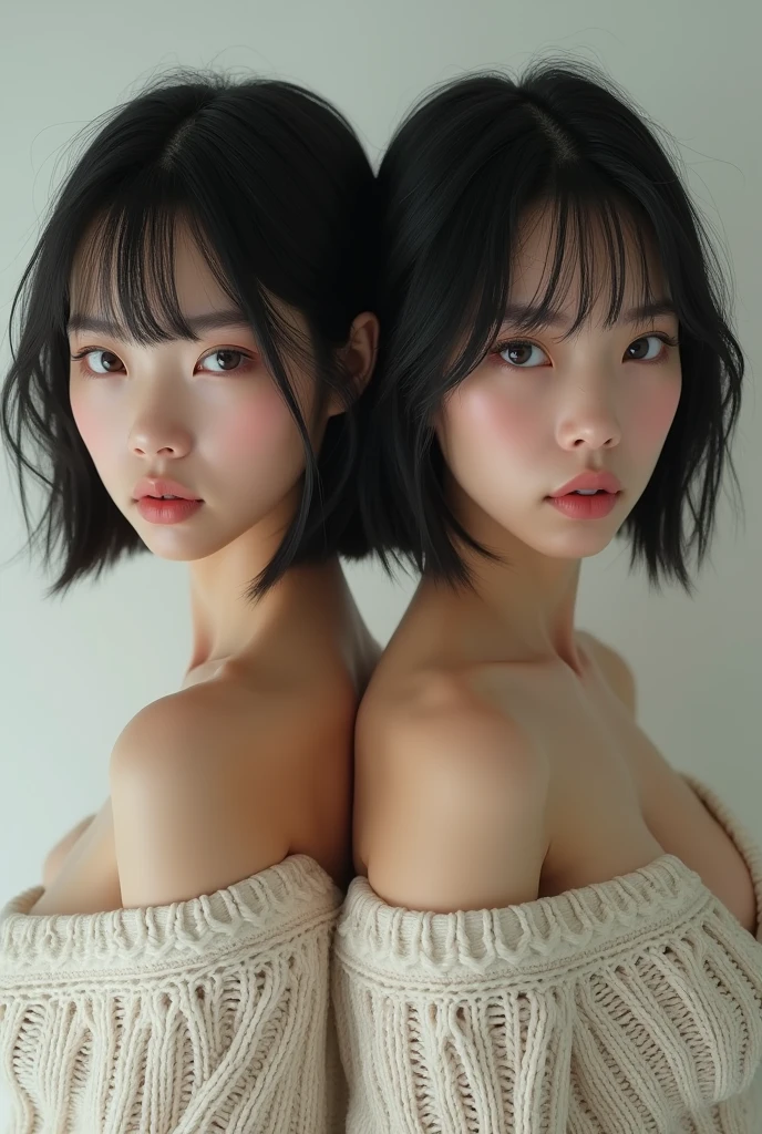 (masterpiece:1.3), (8k, Photoreal, Raw photo, best image quality: 1.4), Japanese high school girl、cleavage:1.5、super detail face、eye for details、double eyelid、chest to chest、sharp focus:1.2、Beautiful woman:1.4、(Photoreal:1.4)、Highly detailed and professionally lit smiles、loose and light knitwear、shoulder out、thin、serious expression、short haired、deadly position
similar identical twins
All the girls have the exact same face, The two have the same face and figure, as if they were mirror images.