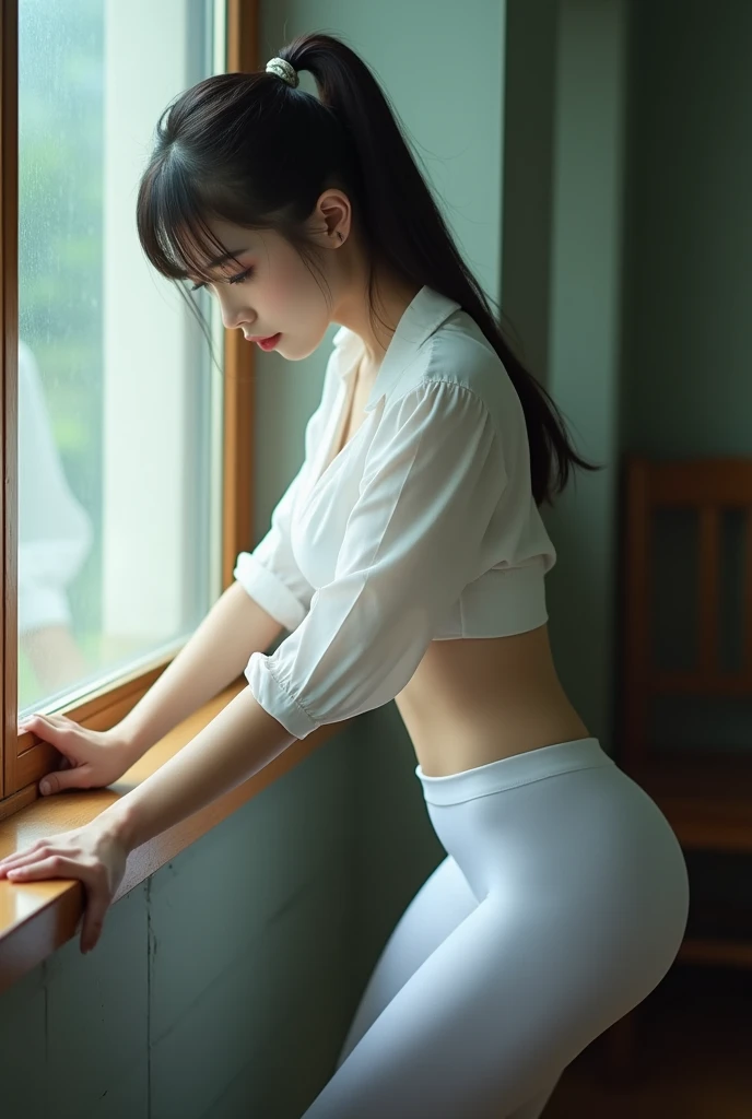 A beautiful Chinese girl in high school,Wearing a ponytail,Bend over and bend your hips,Wear White Tights,Grab the windowsill,is being spanked