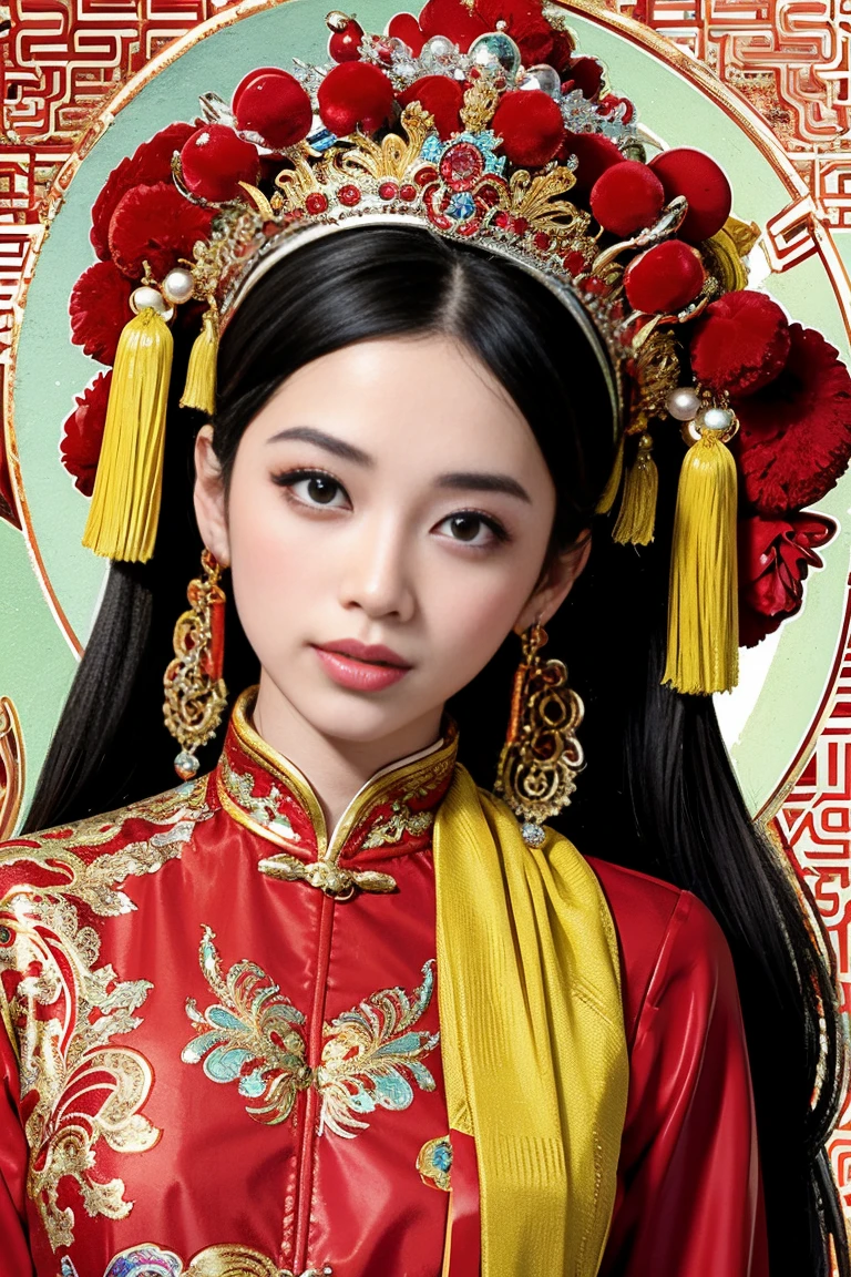 A woman in a red and gold Chinese dress，Phoenix crown，a chinese wedding，（tmasterpiece，top Quority，best qualtiy，offcial art，Beauty and aesthetics：1.2），（1girll：1.3），The is very detailed，（s fractal art：1.1），Most detailed，（ zentangle:1.2), full bodyesbian, (abstract backgrounds:1.3), (Shiny skin), (many color:1.4), ,(Earrings), (feater:1.5),