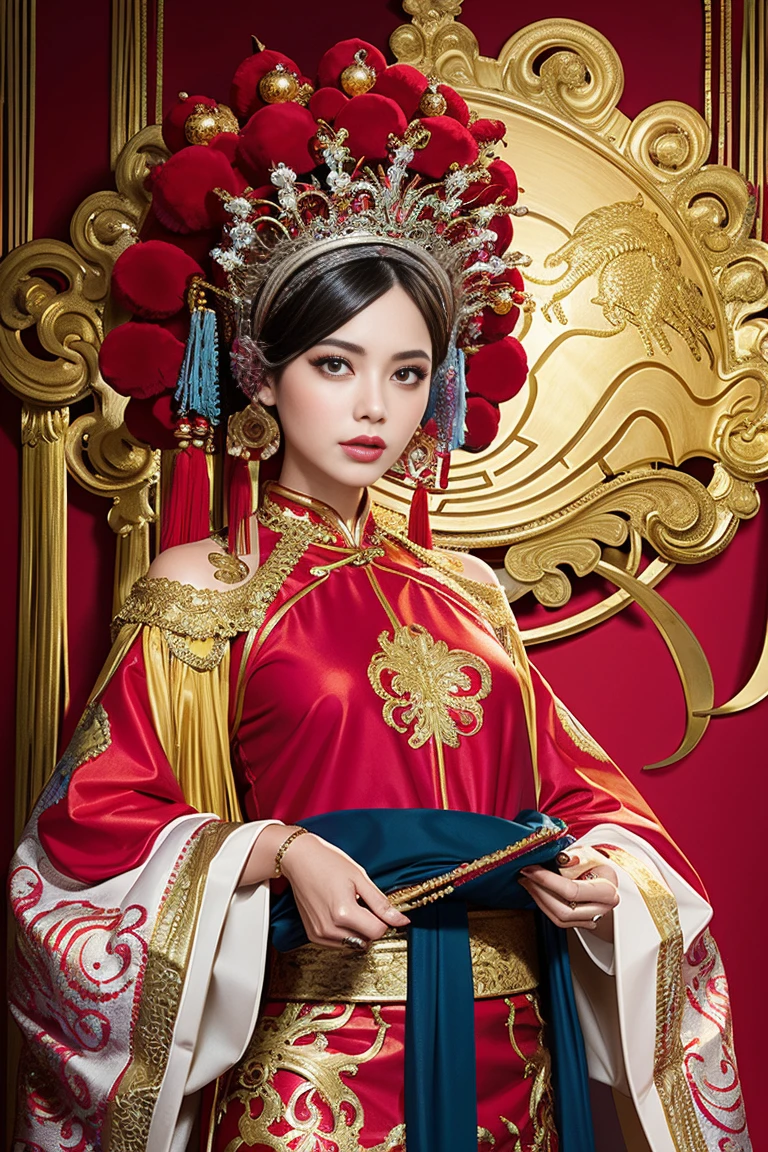 A woman in a red and gold Chinese dress，Phoenix crown，a chinese wedding，（tmasterpiece，top Quority，best qualtiy，offcial art，Beauty and aesthetics：1.2），（1girll：1.3），The is very detailed，（s fractal art：1.1），Most detailed，（ zentangle:1.2), full bodyesbian, (abstract backgrounds:1.3), (Shiny skin), (many color:1.4), ,(Earrings), (feater:1.5),