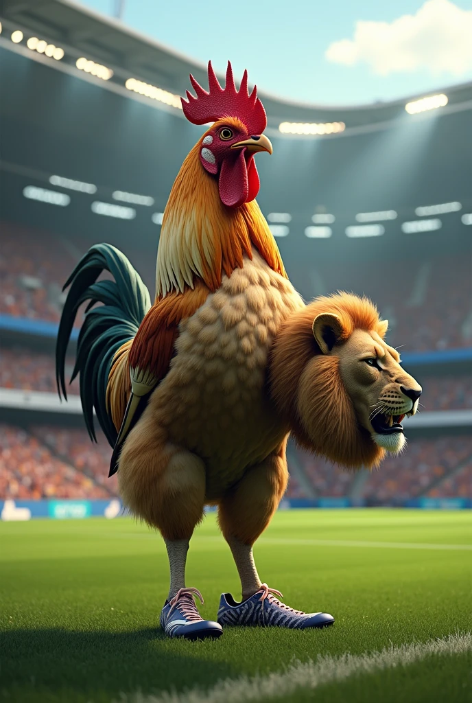 I need a picture of a rooster in the football ground wearing football shoes while kicking a football, while his right hand holding a lion's head