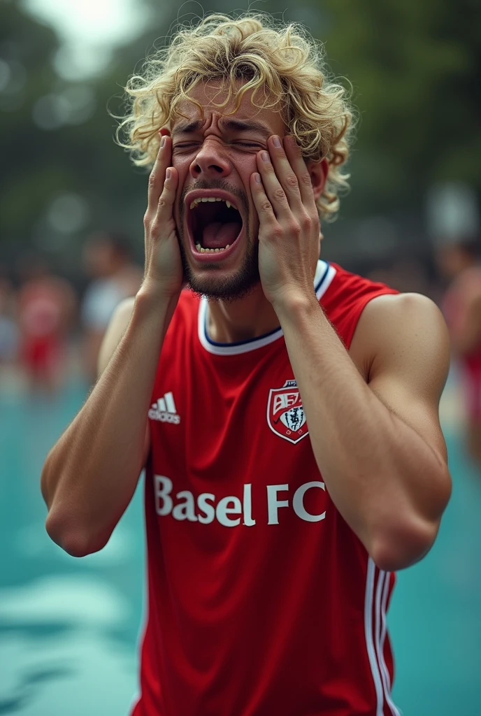 blonde curly haired basel fc fan wearing his team's jersey and a swimming suit crying