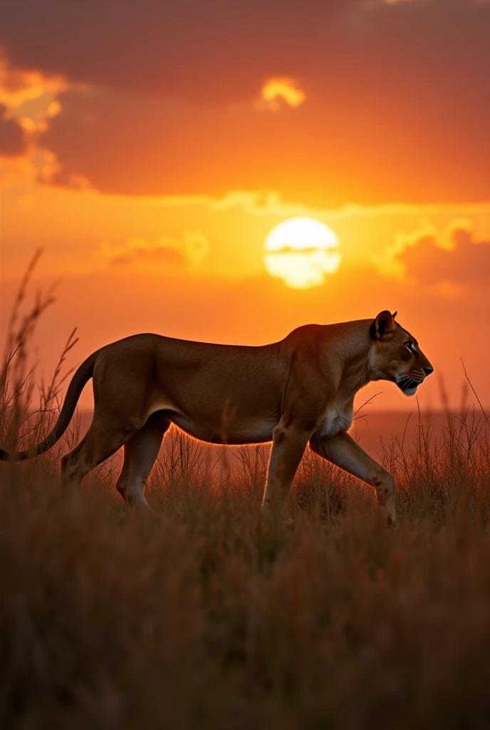 The sun dipped below the horizon, painting the savanna in hues of orange and purple. A lone lioness, her coat the color of burnished copper, stalked through the tall grasses, her belly rumbling with hunger.