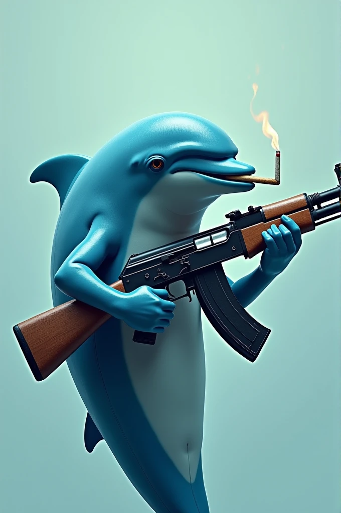 blue dolphin with cigarette in mouth and an ak-47