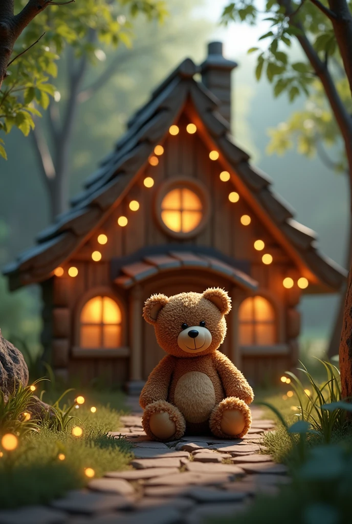 A wooden home decorated with fairy lights and trees , a teddy bear of brown colour sitting before it smiling 