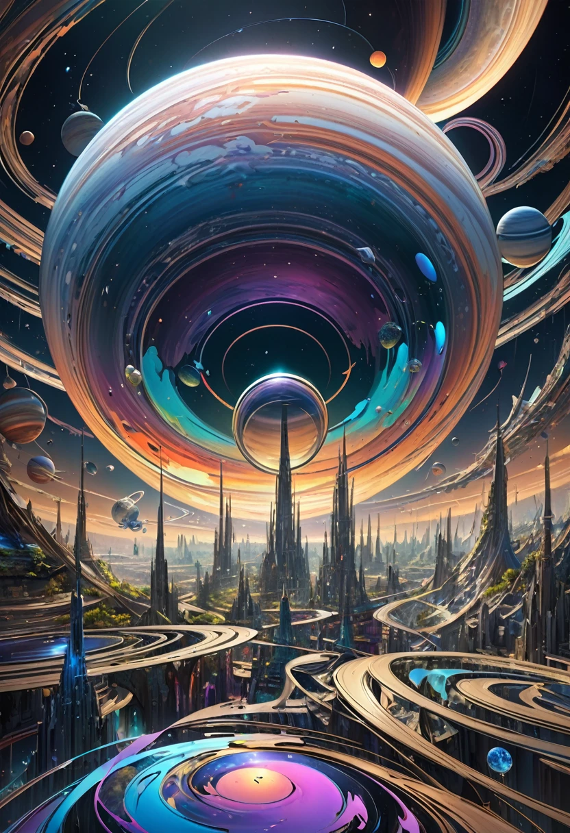 3D drawing art, fusion of acrylic and collage paintings, high and fine artwork, fantasy world, planet with rings like Saturn, mysterious city on the rings, mysterious iridescent creatures flying in the sky, randomly shaped full planets with flowing atmospheres, planetary full rings, shadows, contrast, conceptual installation art, (ultra detailed, absolutely resolution, best quality:1.3), 2.5D, delicate and dynamic effects, iridescent effects, artistic photography, hyper realistic, graphic CG digital art