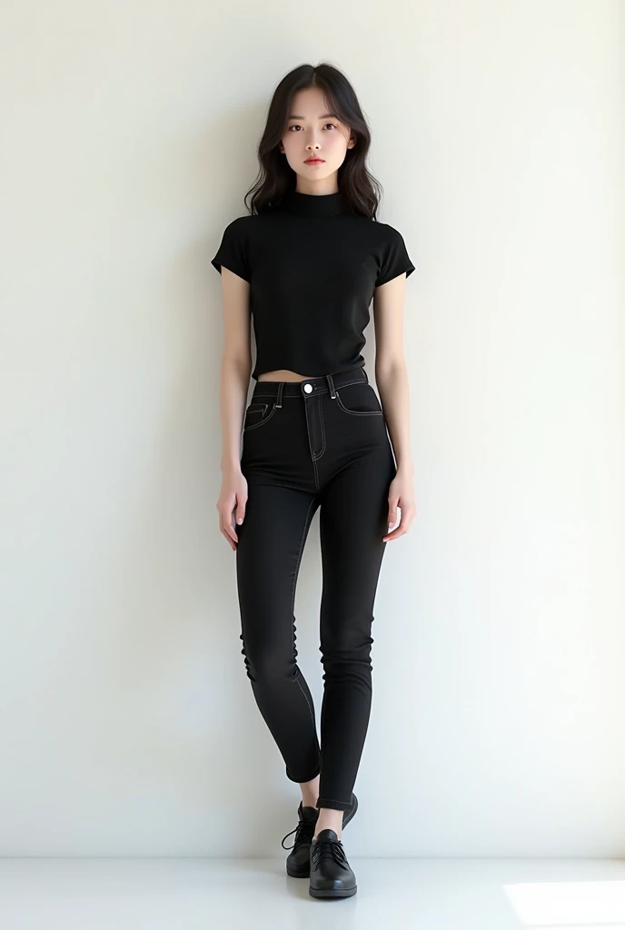 a full body cute woman standing in front of a white wall, trending on cg society, realism, in black turtleneck shirt and black jeans, black shoes,young and cute girl, tight shirt, white outline, white background!!!!!!!!!!, 1 girl, milky white skin,, with backlight, slim waist, high collar