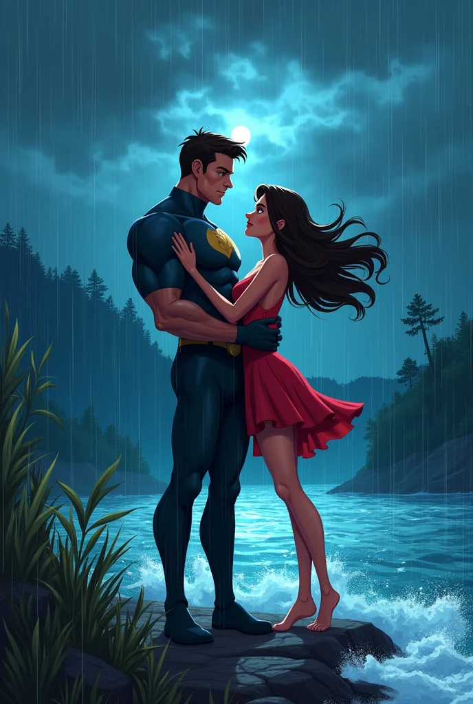 A cartoon type man is saving is his girlfriend from all problems. They are standing by a river side. Its a rainy day. There is thick cloud in the sky and it is night now.