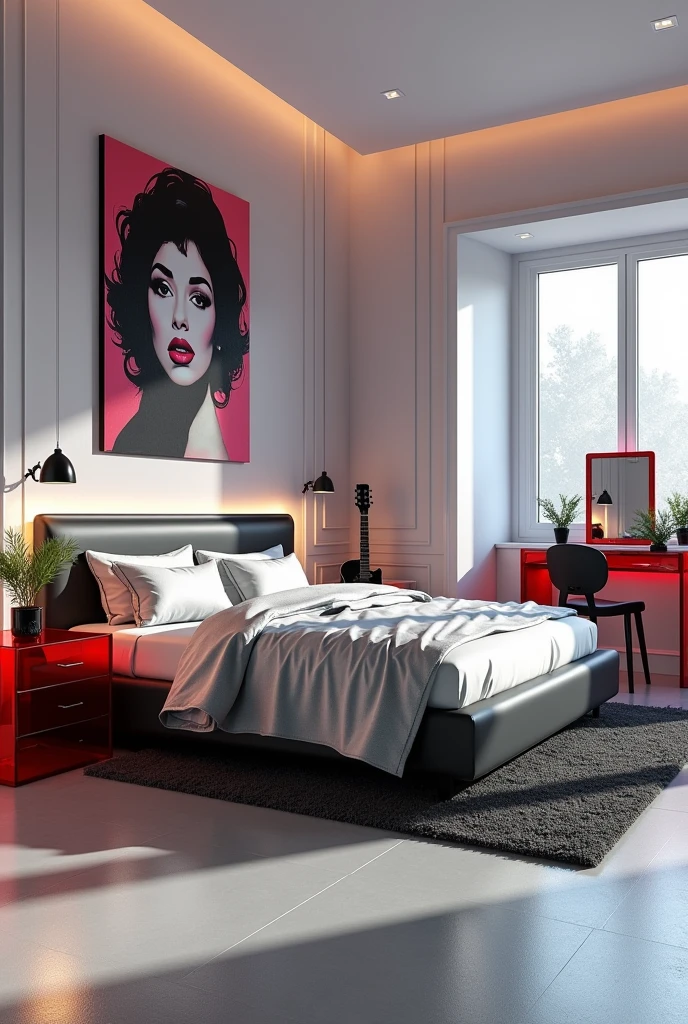 Professional 3d architecture rendering design of modern girl teenage room with modern dark bed and light shiny silver blanket and sheets modern red glassy makeup table and glassy chairand glassy black gitar And modern windows and beautiful and modern painting wall with tailor sueef singer painting and modern windows and showing complete bed room and light gray stone for floor and elegant dark carpet