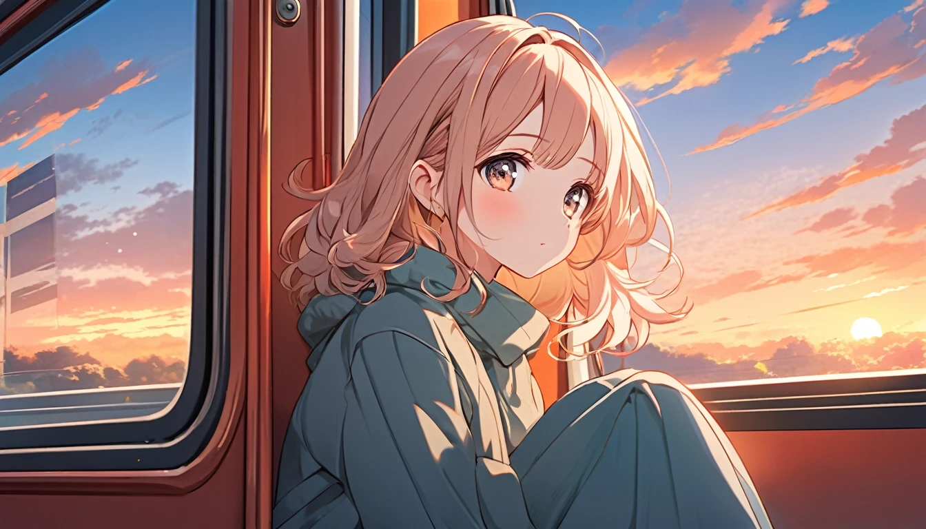 Anime girl sitting on a train looking out the window., Beautiful anime images, Portrait of Roffey at a window, Beautiful Anime Girls, Portrait of Roffey, LOFI Girl, Anime Girl Portrait, Gwaites style artwork, High quality vertical, With the sunset, Attractive anime girl, Cute Anime Girl, Draw a realistic picture of a cute girl., Anime Style. 8ก