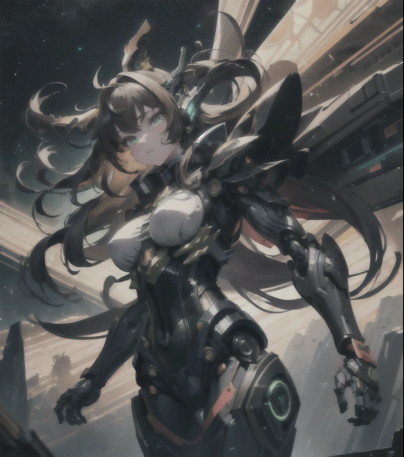 masterpiece,best quality,ultra-detailed,very detailed illustrations,extremely detailed,intricate details,highres,super complex details,extremely detailed 8k cg wallpaper,cowboy shot, caustics,reflection,ray tracing,demontheme,nebula,dark aura,cyber effect, (1girl:1.4),solo,alone,mecha musume,mechanical parts, robot joints, headgear, mechanical bunny ears,intricate mechanical bodysuit, mecha corset, full armor, very long hair,brown hair, hair between eyes, multicolored hair, colored inner hair, green eyes,glowing eye,eye trail, random expressions,random action, ancient japanese architecture,pond, starry sky,skyline,