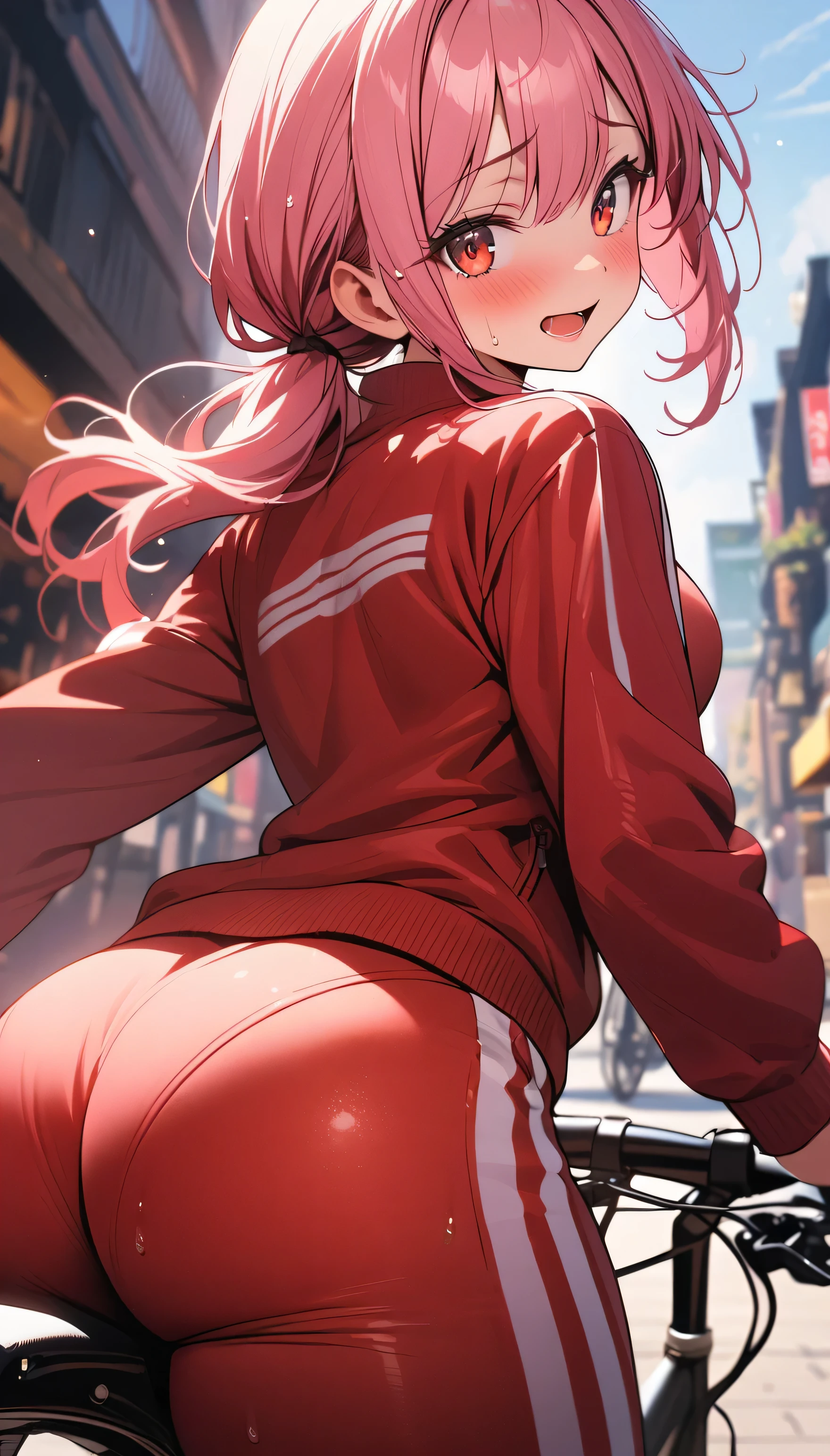(beautiful girl: 1.3),1girl,masterpiece, Highest quality, Ultra-high resolution,rich contrast,super high quality,8k,Highly detailed CG unit wallpaper,texture,Incredibly absurd,Ultra-high resolution,RAW Photos,Depth of Field 1.2,Pink Hair, (low twintails),(Red sweatpants:1.3), (The jacket is a red track jacket.: 1.3),Ultra-detailed eyes,Red Eyes,(sensuous),Excited,Glowing Skin,blush,Sigh,((Sweat)),(Wet),she is riding a bicycle,Ass close up,Big Ass,Light of the sun,