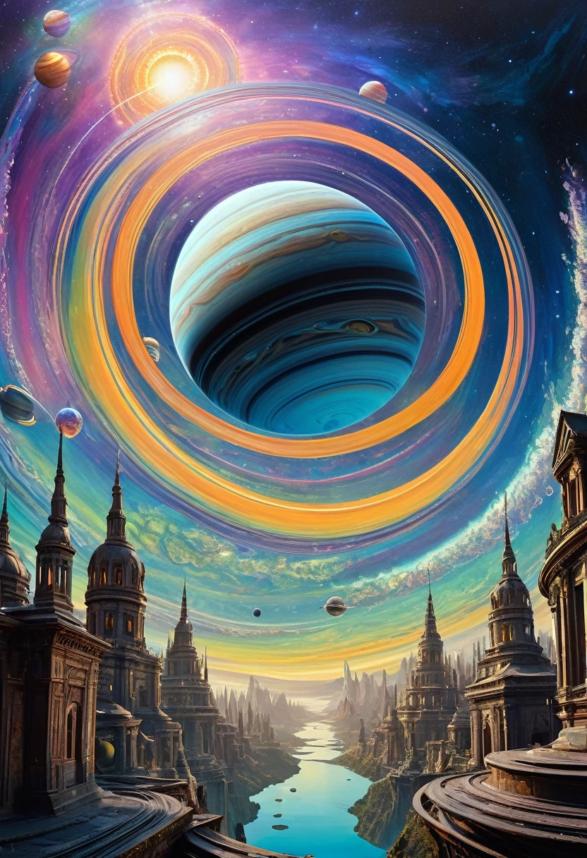 3D drawing art, fusion of acrylic and collage paintings, high and fine artwork, fantasy world, planet with rings like Saturn, mysterious city on the rings, mysterious iridescent creatures flying in the sky, randomly shaped full planets with flowing atmospheres, planetary full rings, shadows, contrast, conceptual installation art, (ultra detailed, absolutely resolution, best quality:1.3), 2.5D, delicate and dynamic effects, iridescent effects, artistic photography, hyper realistic, graphic CG digital art