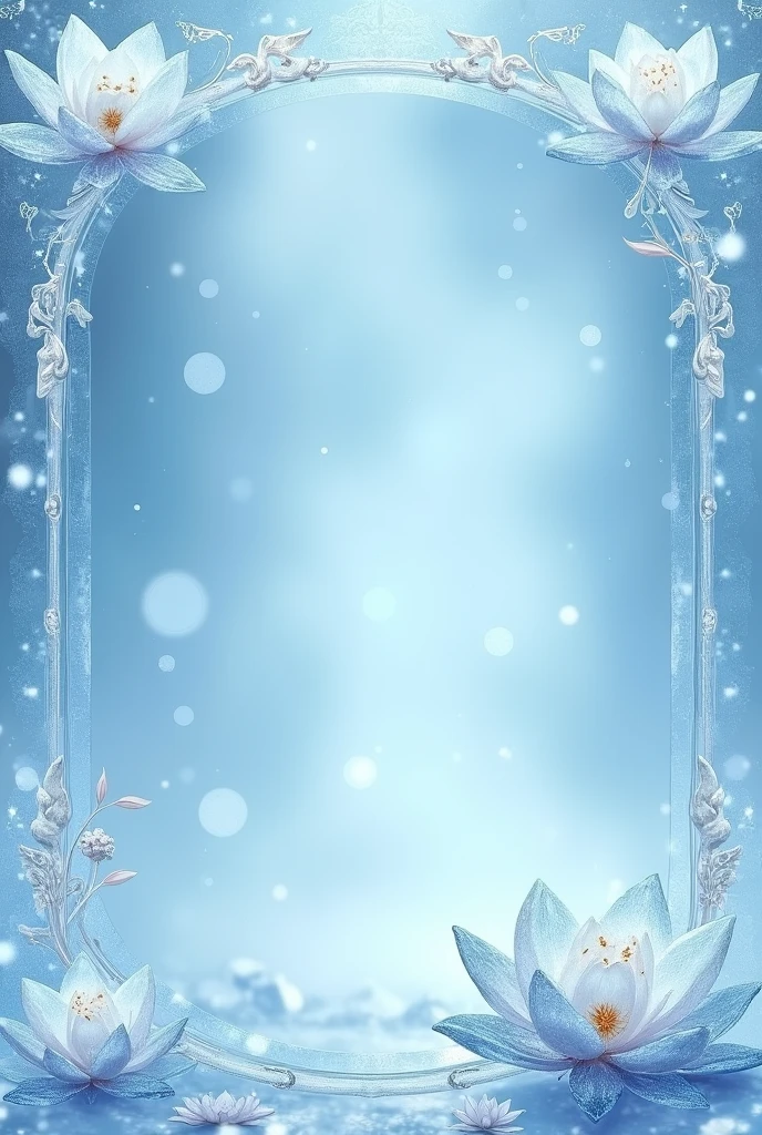 Ice themed card frame with ice shaped small lotus on all four sides of frame and ice patterns and designs transparent no background