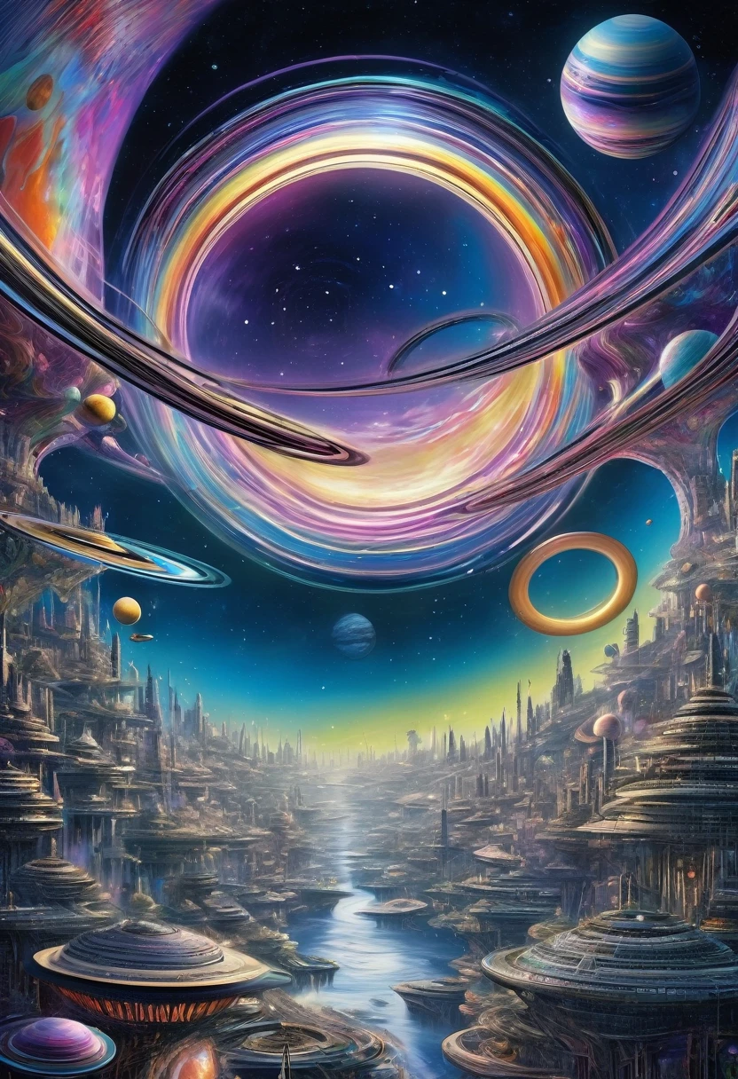 3D drawing art, fusion of acrylic and collage paintings, high and fine artwork, fantasy world, planet with rings like Saturn, mysterious city on the rings, mysterious iridescent creatures flying in the sky, randomly shaped full planets with flowing atmospheres, planetary full rings, shadows, contrast, conceptual installation art, (ultra detailed, absolutely resolution, best quality:1.3), 2.5D, delicate and dynamic effects, iridescent effects, artistic photography, hyper realistic, graphic CG digital art