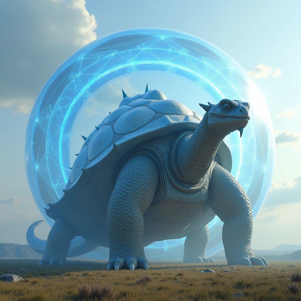 A giant dragon-like turtle,  3D Rendering, Ultra-fine detail, high quality, High resolution, 最high quality,Large photochemical barrier,A spherical barrier that covers the entire body of the turtle,AT Field,Electromagnetic Barrier,Blue Barrier、Distorting space，Geometric Shield